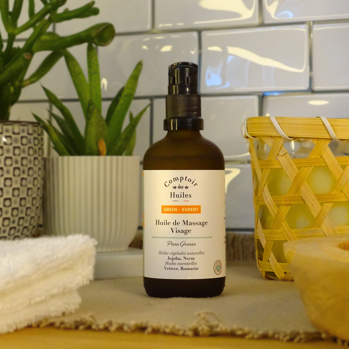 Huile de Massage Régulatrice Bio – Purifiante & Équilibrante | Senteurs Vétiver & Romarin | Certifiée Bio