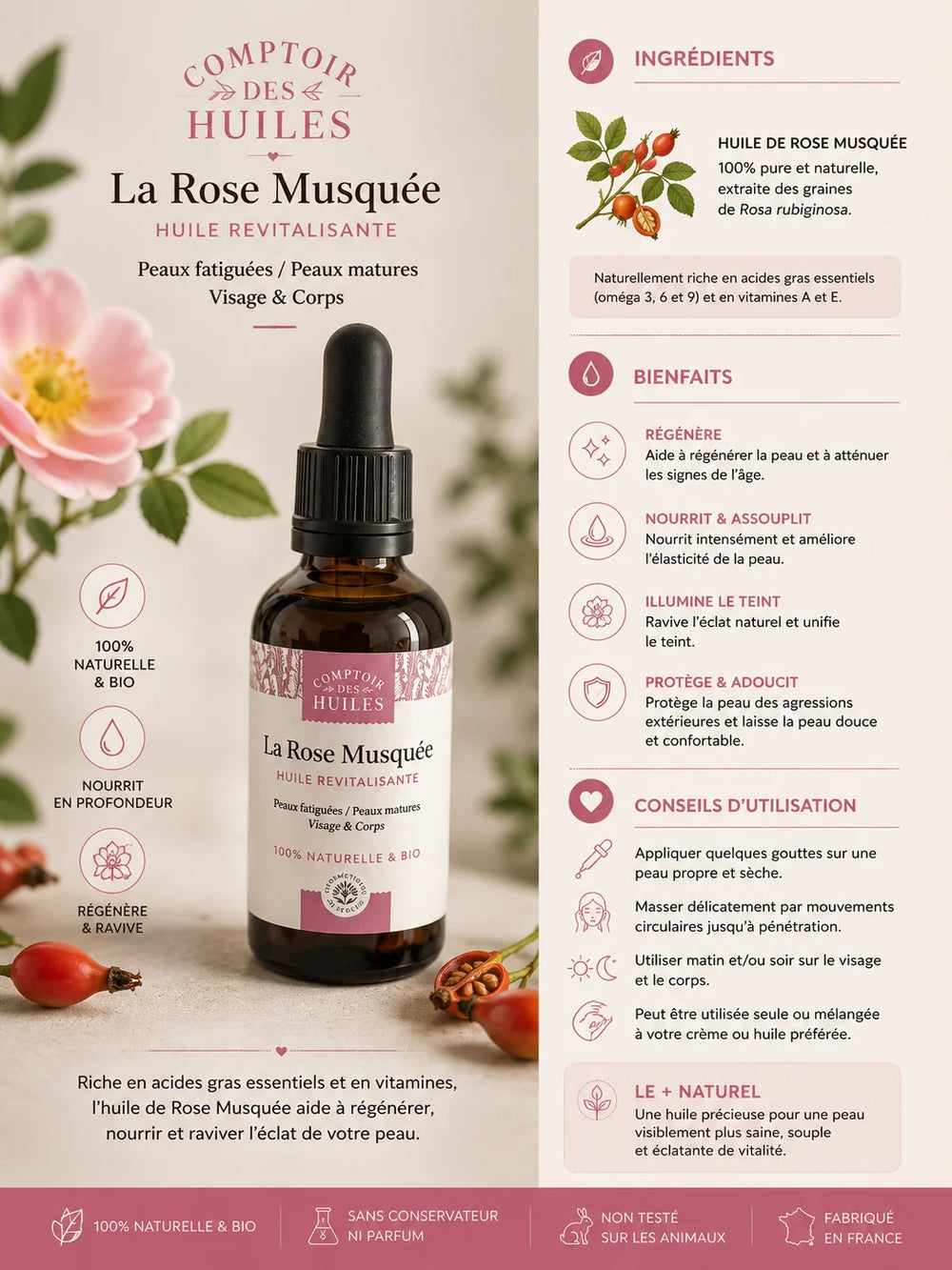 Huile de Rose Musquée Bio – Revitalisante & Anti-Âge | Visage & Corps