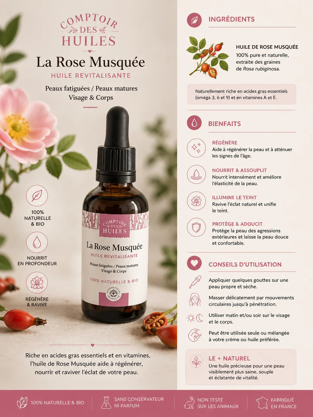 Huile de Rose Musquée Bio – Revitalisante &amp; Anti-Âge | Visage &amp; Corps