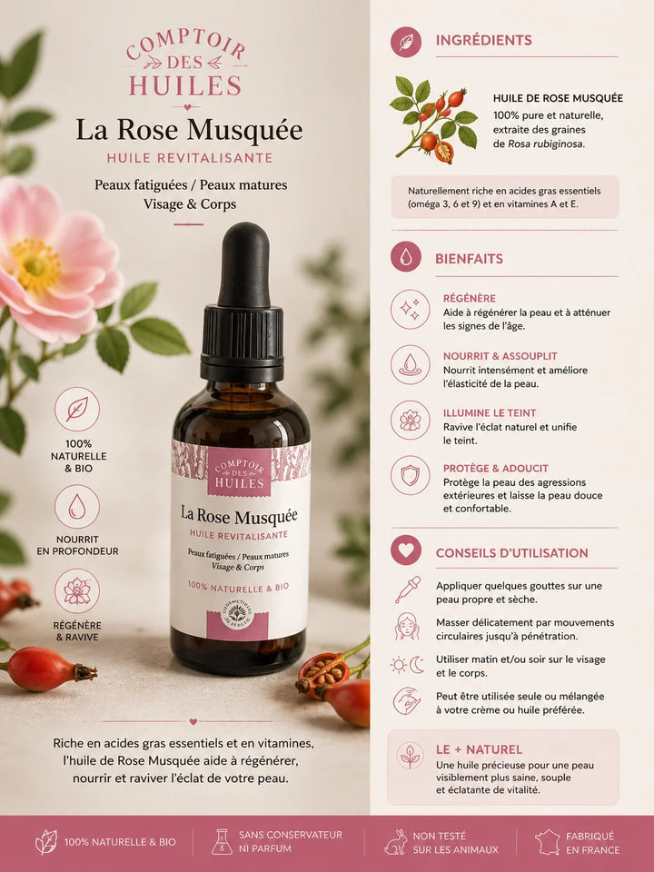Huile de Rose Musquée Bio – Revitalisante &amp; Anti-Âge | Visage &amp; Corps