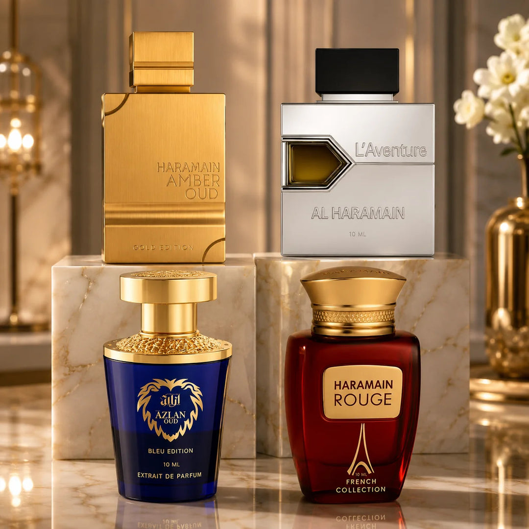 Coffret Parfum Al Haramain L’Aventure, Amber Oud Gold, Rouge &amp; Azlan Bleu