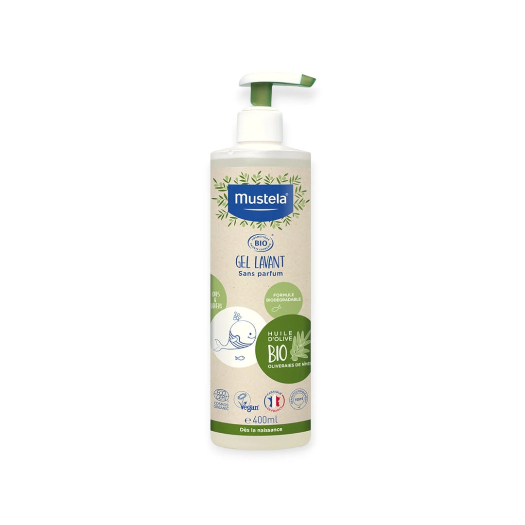 Mustela Gel Lavant Famille BIO – Corps &amp; Cheveux – Huile d’Olive Bio – 400 ml
