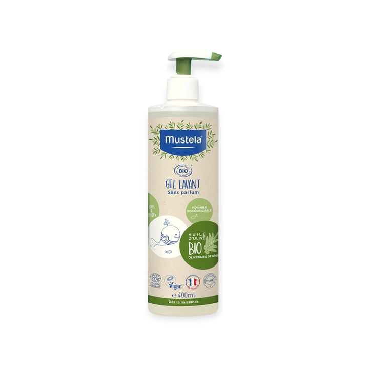 Mustela Gel Lavant Famille BIO – Corps &amp; Cheveux – Huile d’Olive Bio – 400 ml
