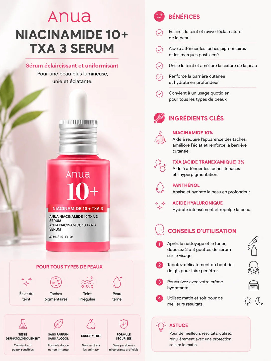 Anua Niacinamide 10% + TXA 3% Serum – Sérum Éclat &amp; Anti-Taches – 30 ml