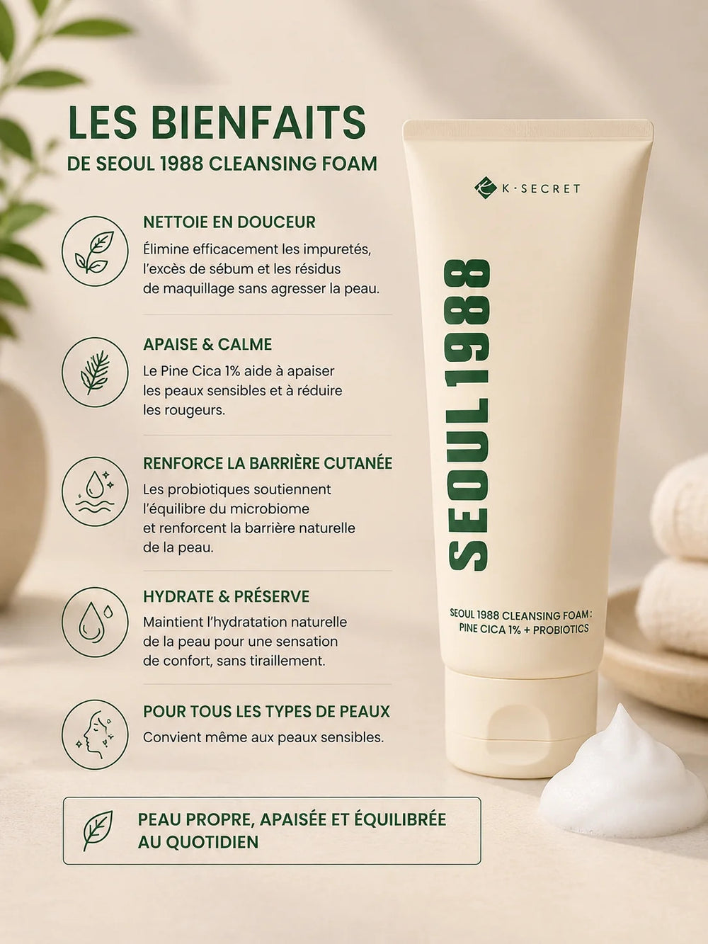 Seoul 1988 : Mousse Nettoyante Équilibrante au Pine Cica 1% & Probiotiques