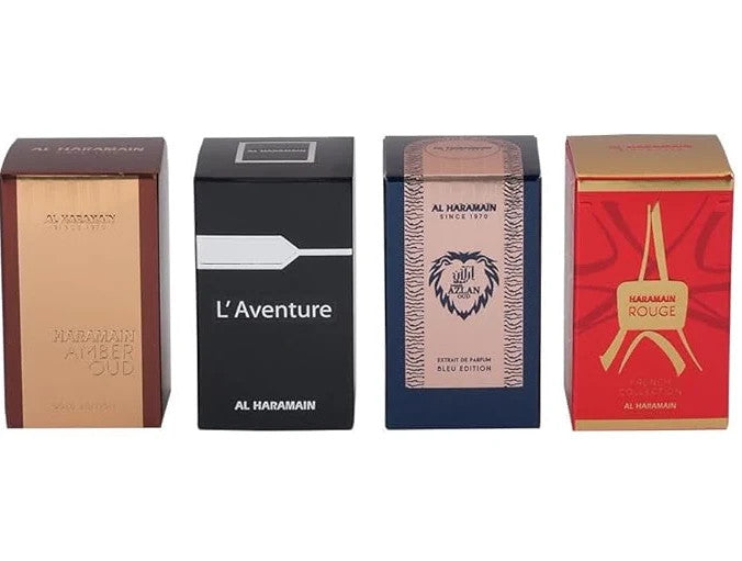 Coffret Parfum Al Haramain L’Aventure, Amber Oud Gold, Rouge &amp; Azlan Bleu