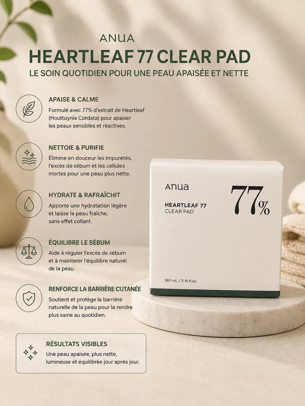 Anua Heartleaf 77% Clear Pad – Disques Exfoliants Apaisants pour Peau Nette