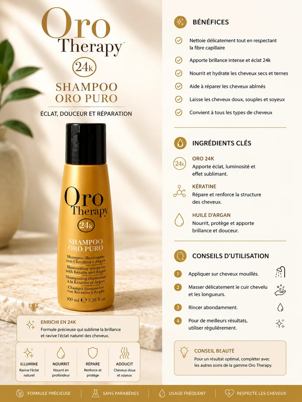 Oro Therapy 24K – Shampooing Illuminateur à la Kératine et à l’Argan (100 ml)