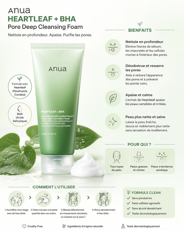 Anua Heartleaf BHA Cleansing Foam – Mousse Nettoyante Profonde Anti-Pores 150ml