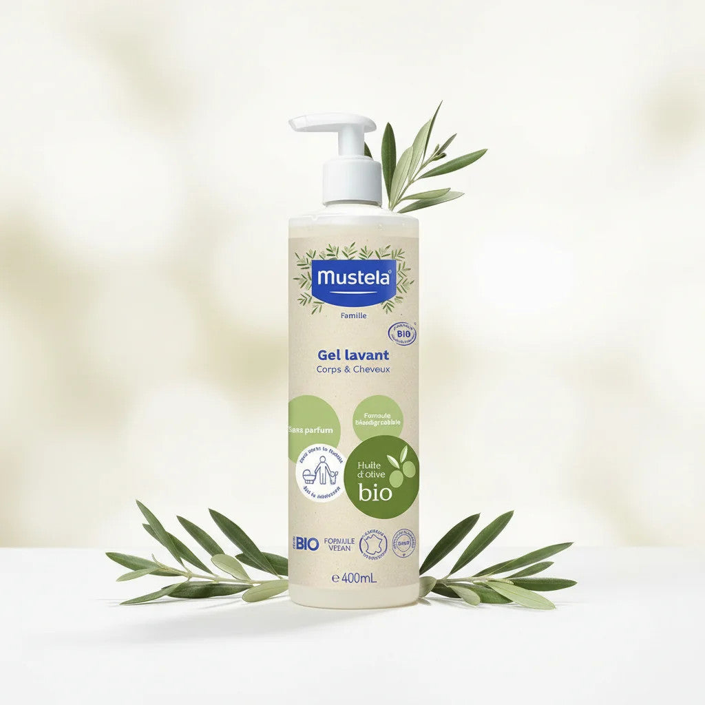 Mustela Gel Lavant Famille BIO – Corps &amp; Cheveux – Huile d’Olive Bio – 400 ml