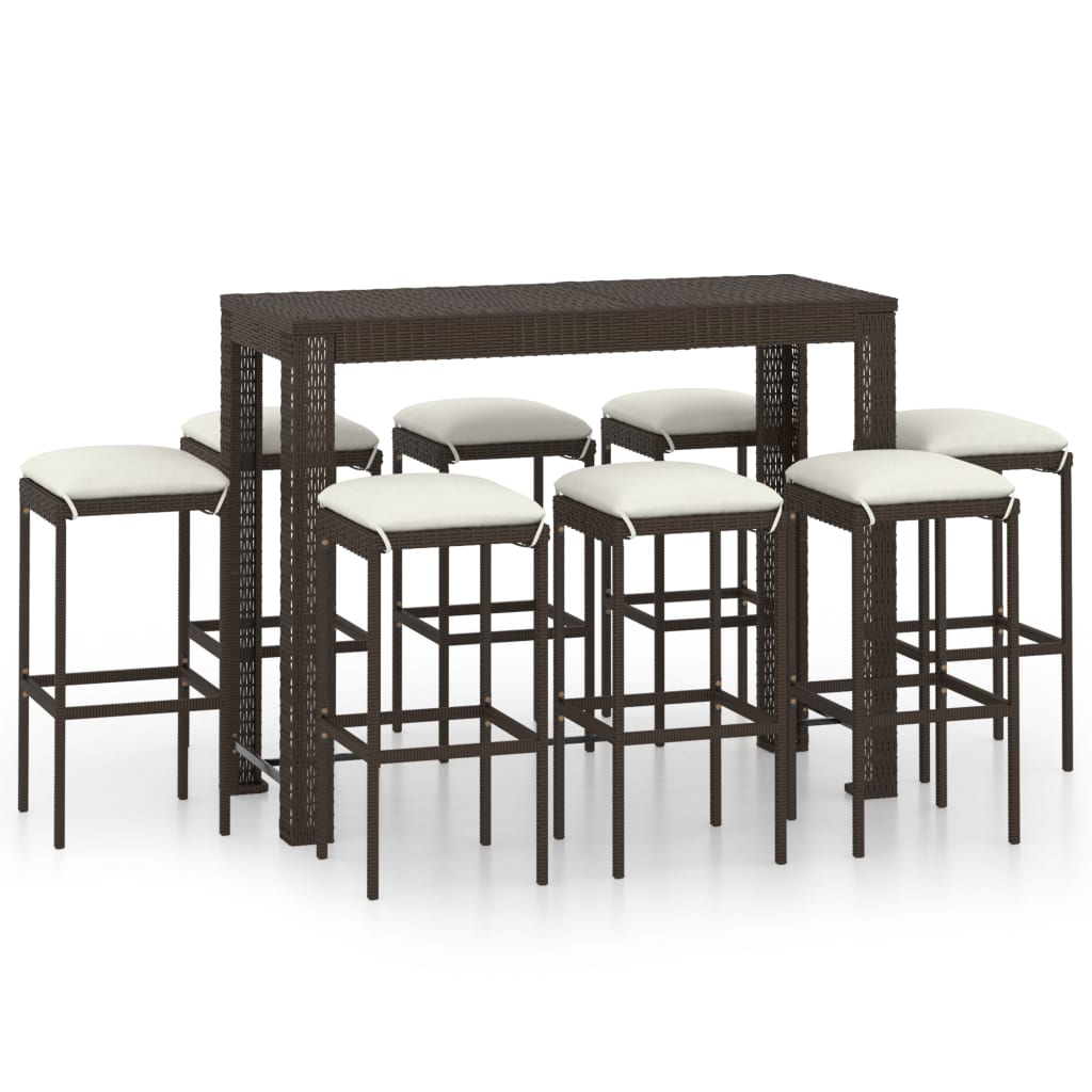 Ensemble De Bar De Jardin 9 Pcs Coussins Résine Tressée Marron