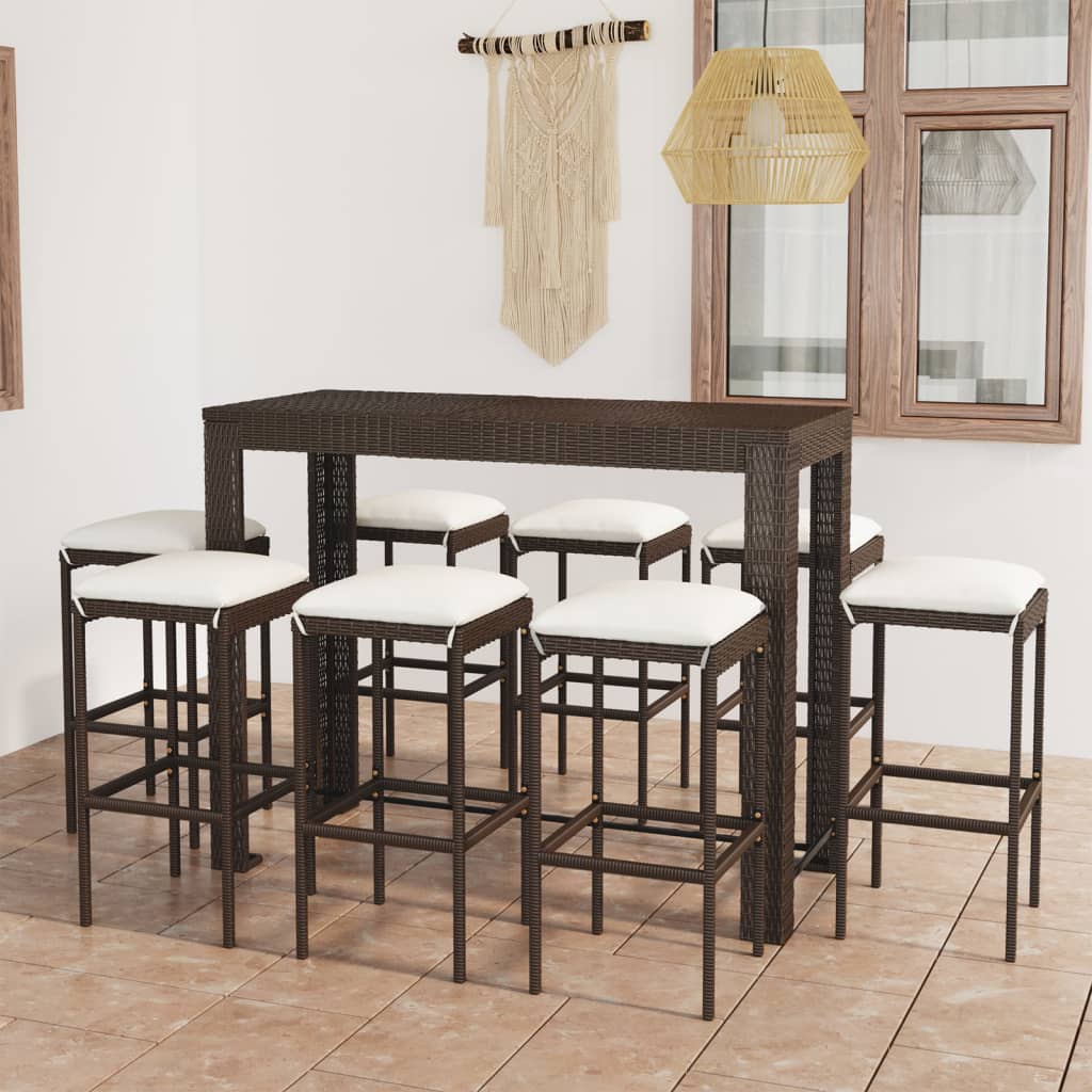 Ensemble De Bar De Jardin 9 Pcs Coussins Résine Tressée Marron