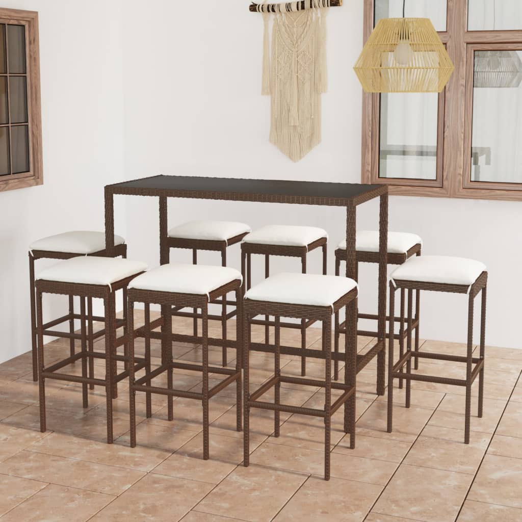 Ensemble De Bar De Jardin 9 Pcs Coussins Résine Tressée