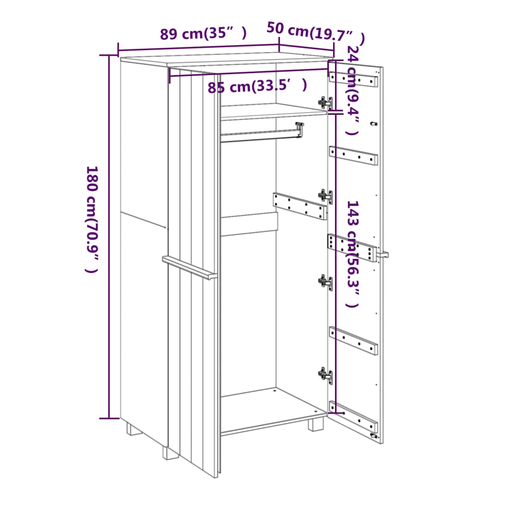 Garde-Robe Hamar 89X50X180 Cm Bois Massif De Pin