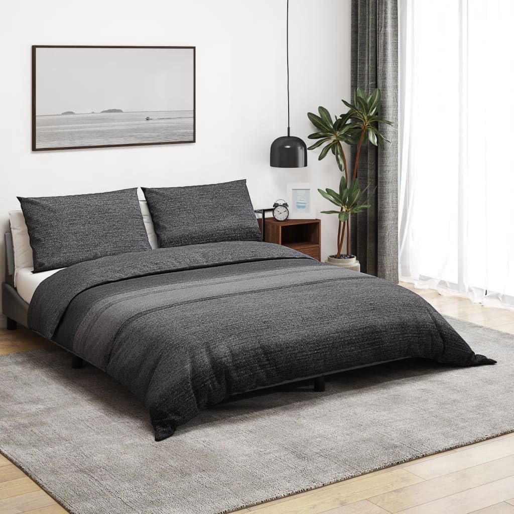 Ensemble De Housse De Couette Gris Foncé 140X200 Cm Coton Gris Foncé Et Noir