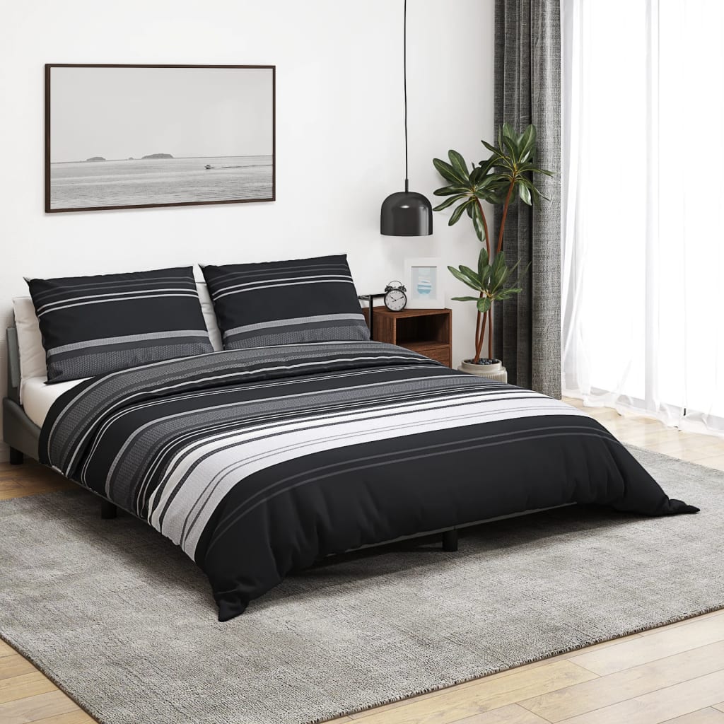 Ensemble De Housse De Couette Noir Et Blanc 200X200 Cm Coton Rayures Noires