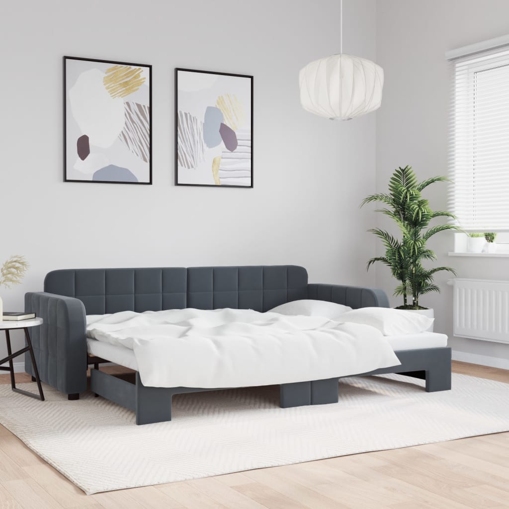 Lit De Jour Avec Gigogne Et Tiroirs 90X190Cm Velours Gris Foncé