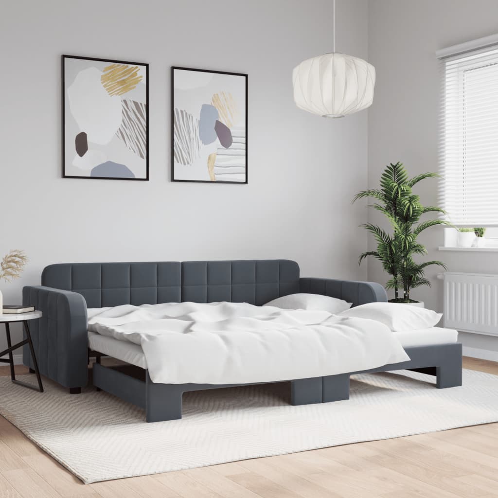 Lit De Jour Avec Gigogne Et Tiroirs 90X190Cm Velours Gris Foncé