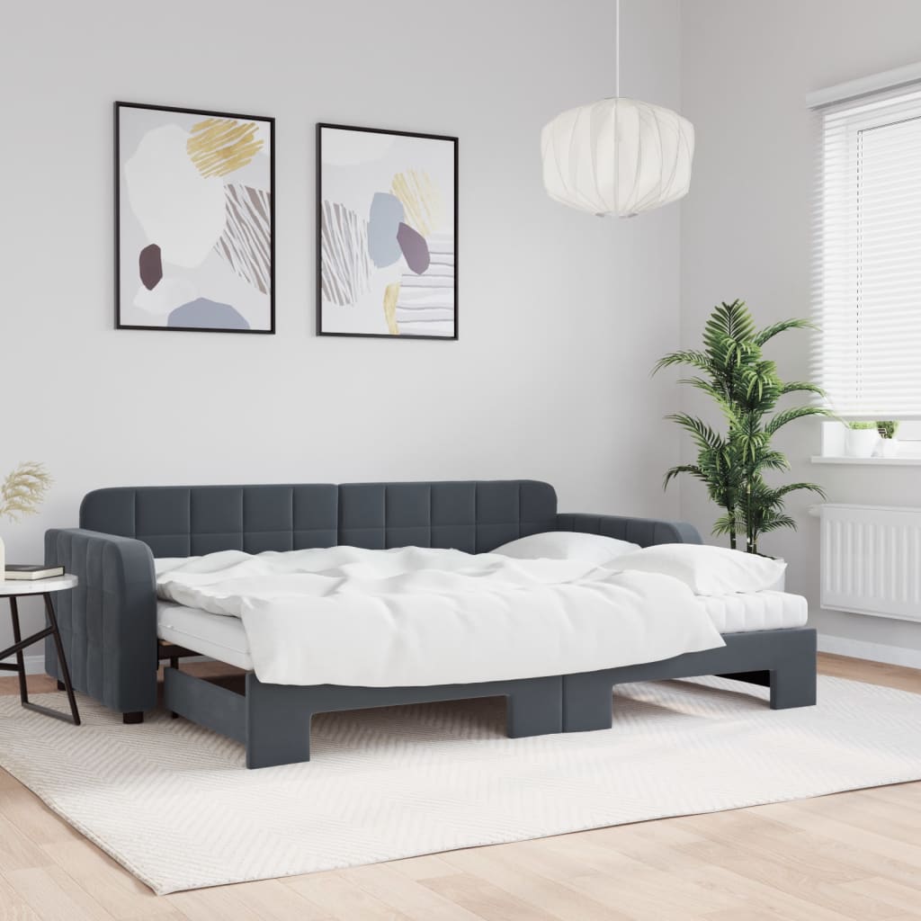Lit De Jour Avec Gigogne Et Tiroirs 90X190Cm Velours Gris Foncé