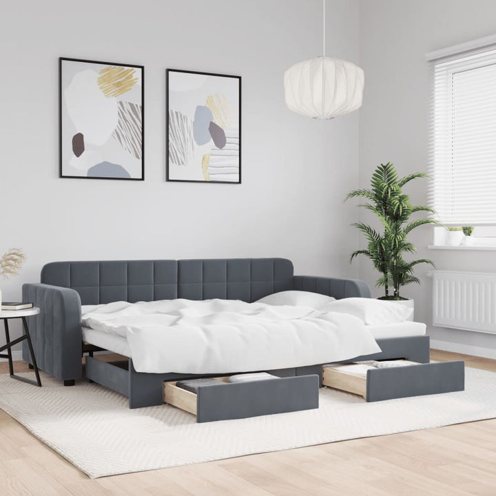 Lit De Jour Avec Gigogne Et Tiroirs 90X190Cm Velours Gris Foncé