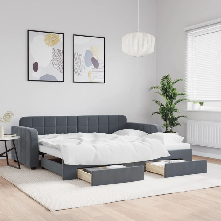 Lit De Jour Avec Gigogne Et Tiroirs 90X190Cm Velours Gris Foncé