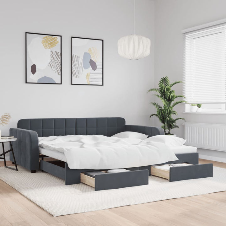 Lit De Jour Avec Gigogne Et Tiroirs 90X190Cm Velours Gris Foncé