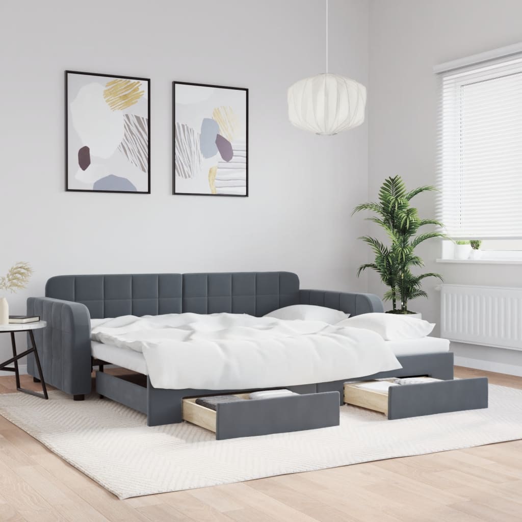 Lit De Jour Avec Gigogne Et Tiroirs 90X190Cm Velours Gris Foncé