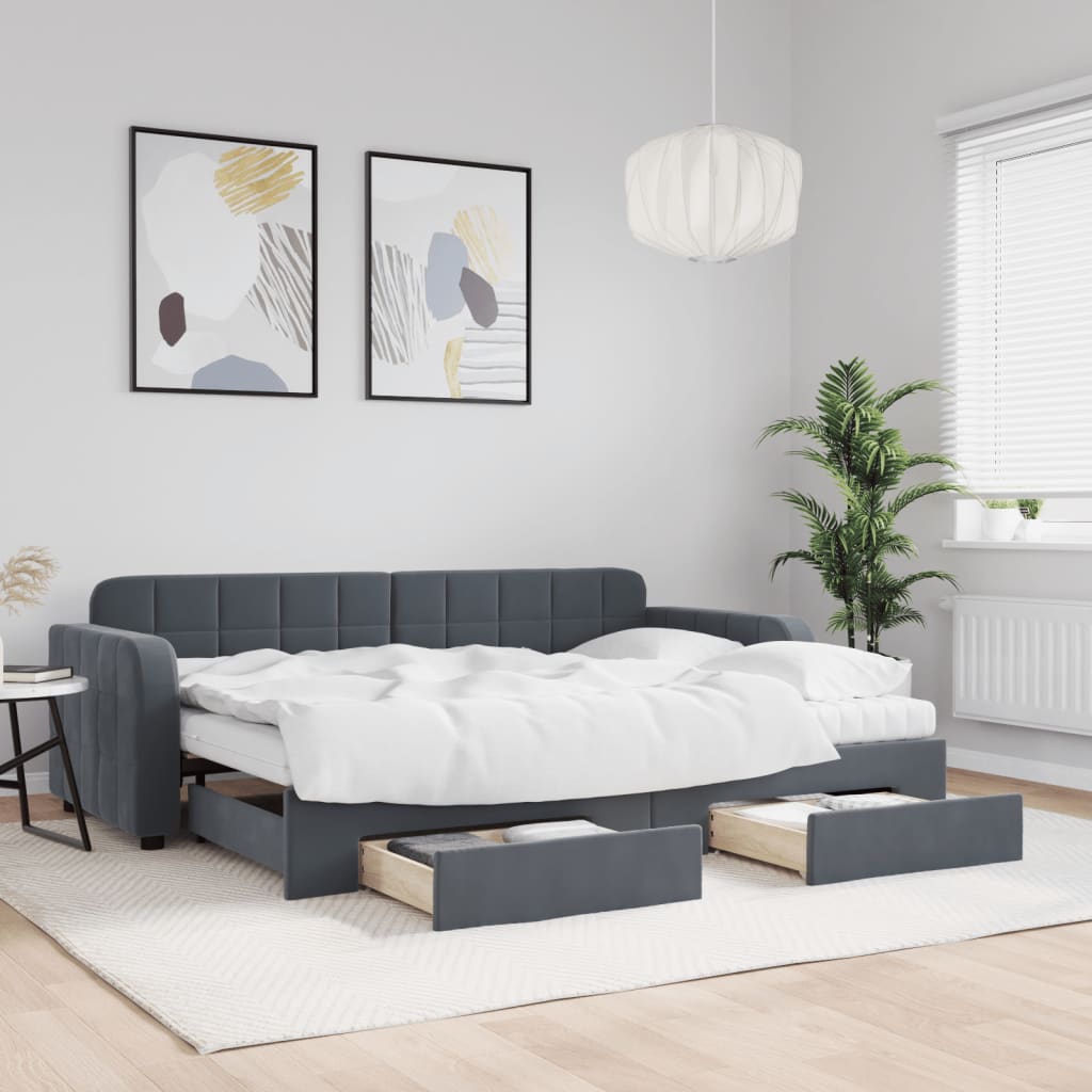 Lit De Jour Avec Gigogne Et Tiroirs 90X190Cm Velours Gris Foncé
