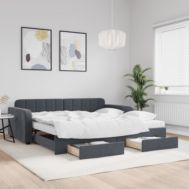 Lit De Jour Avec Gigogne Et Tiroirs 90X190Cm Velours Gris Foncé