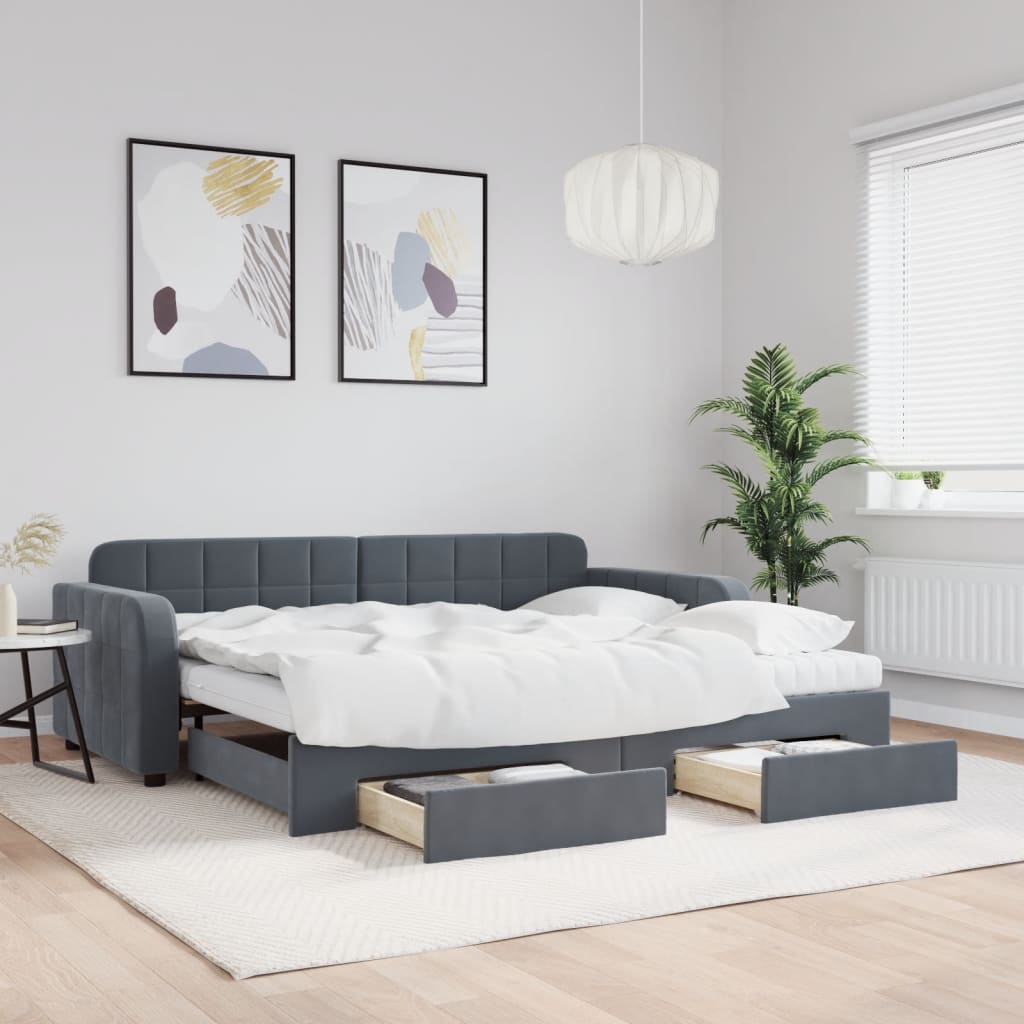 Lit De Jour Avec Gigogne Et Tiroirs 90X190Cm Velours Gris Foncé