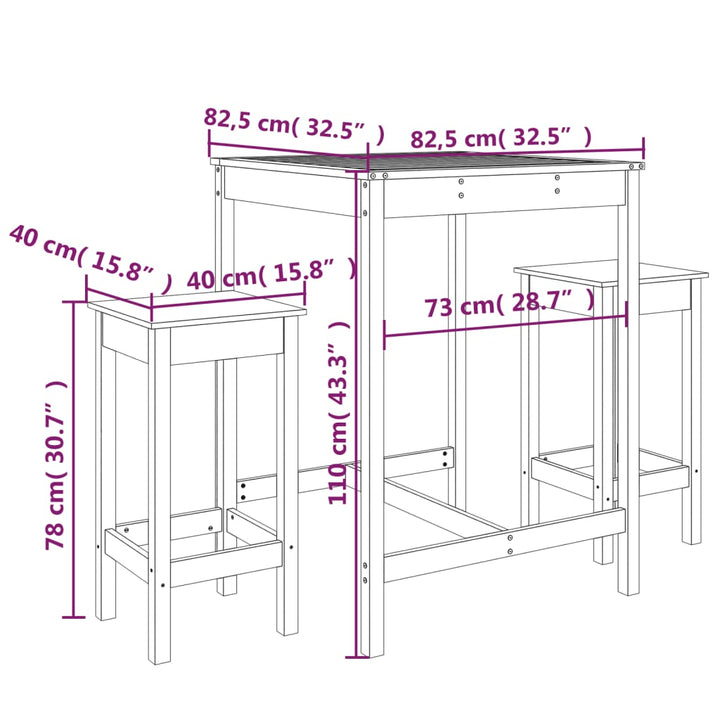 Ensemble De Bar De Jardin 3 Pcs Bois De Pin Massif