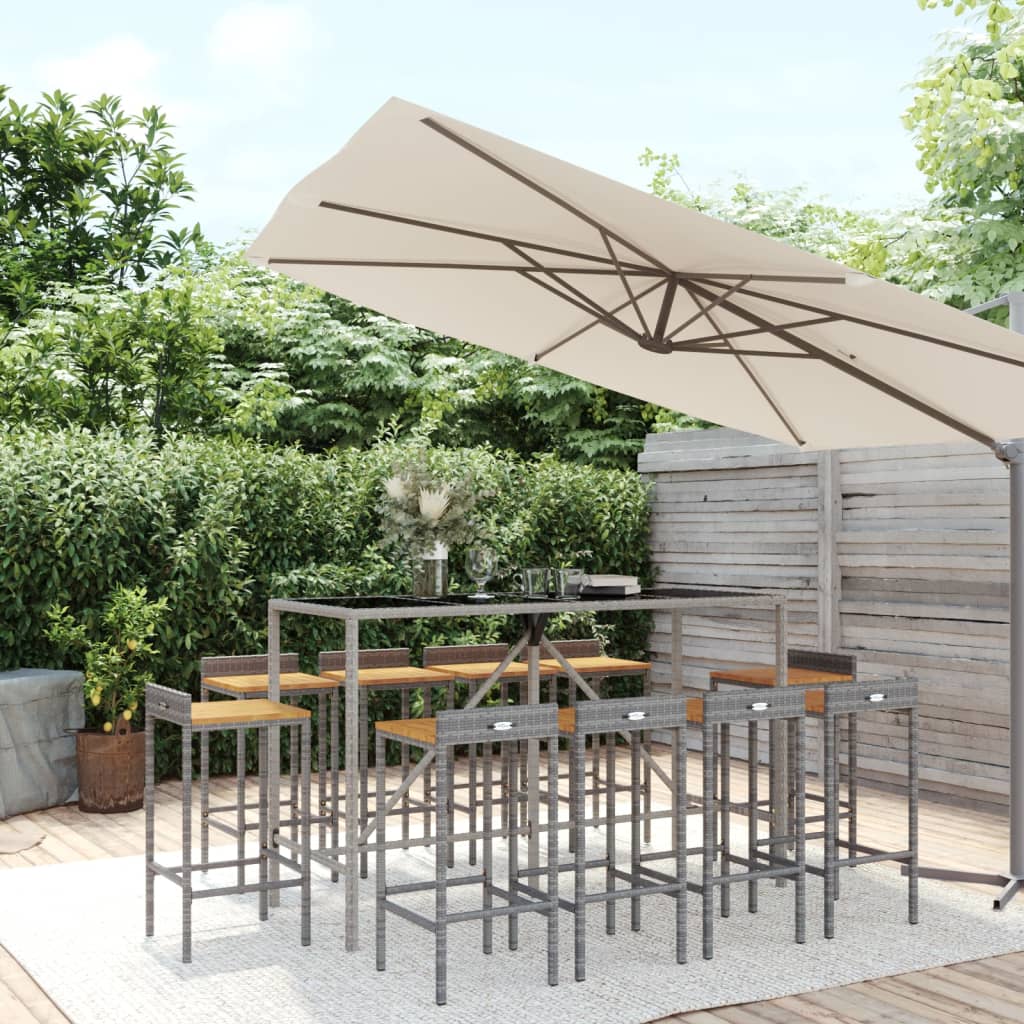 Ensemble De Bar Jardin 11Pcs Poly Rotin/Bois Massif Acacia