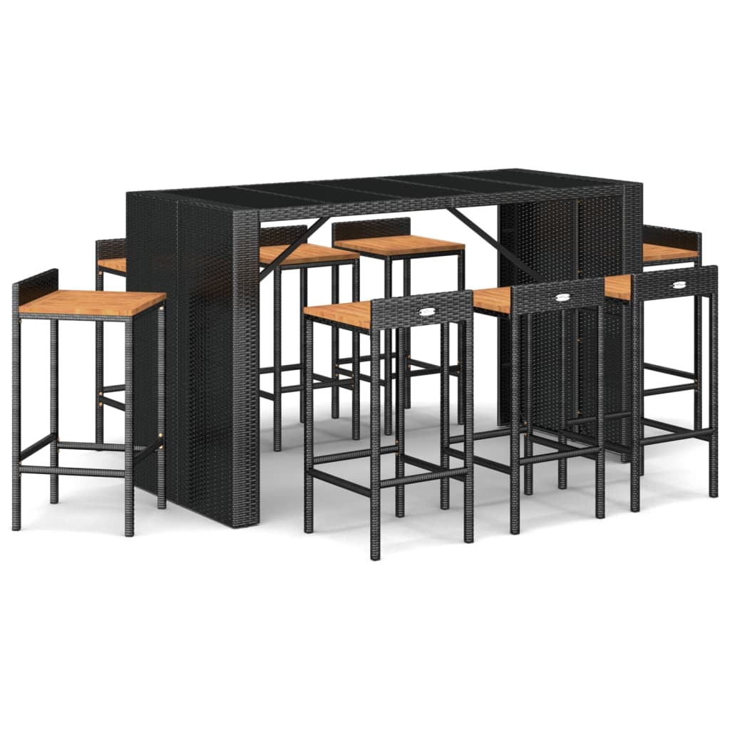 Ensemble De Bar Jardin 9 Pcs Poly Rotin/Bois Massif Acacia
