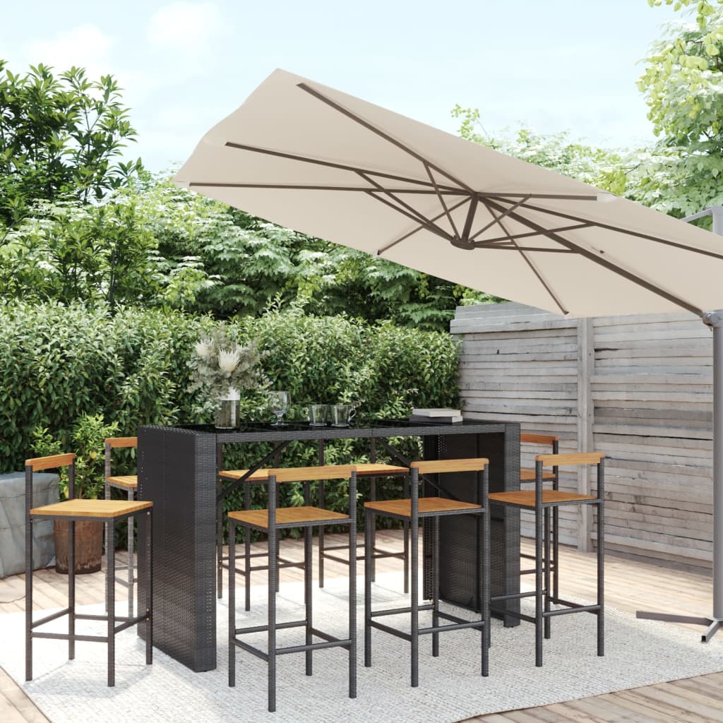 Ensemble De Bar Jardin 9 Pcs Poly Rotin/Bois Massif Acacia