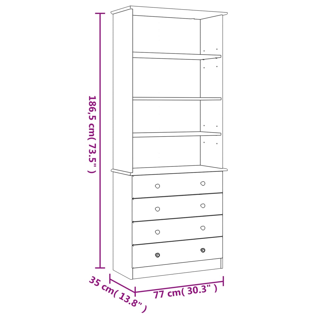 Bibliothèque Tiroirs Alta 77X35X186,5Cm Bois Massif Pin
