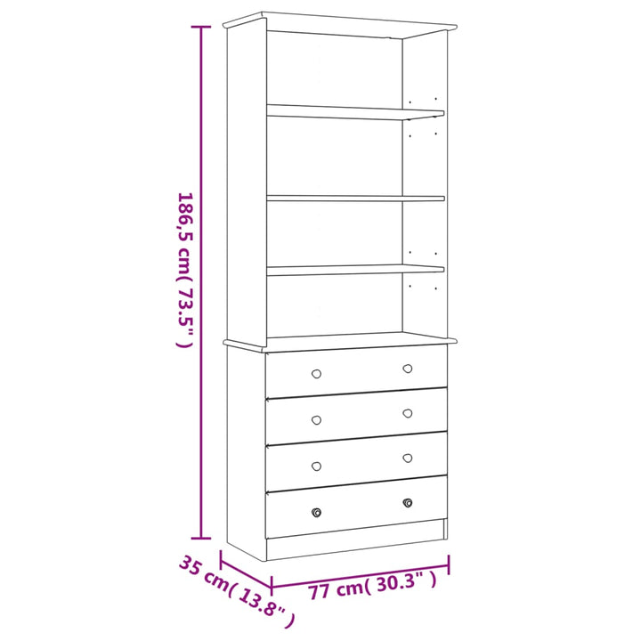 Bibliothèque Tiroirs Alta 77X35X186,5Cm Bois Massif Pin