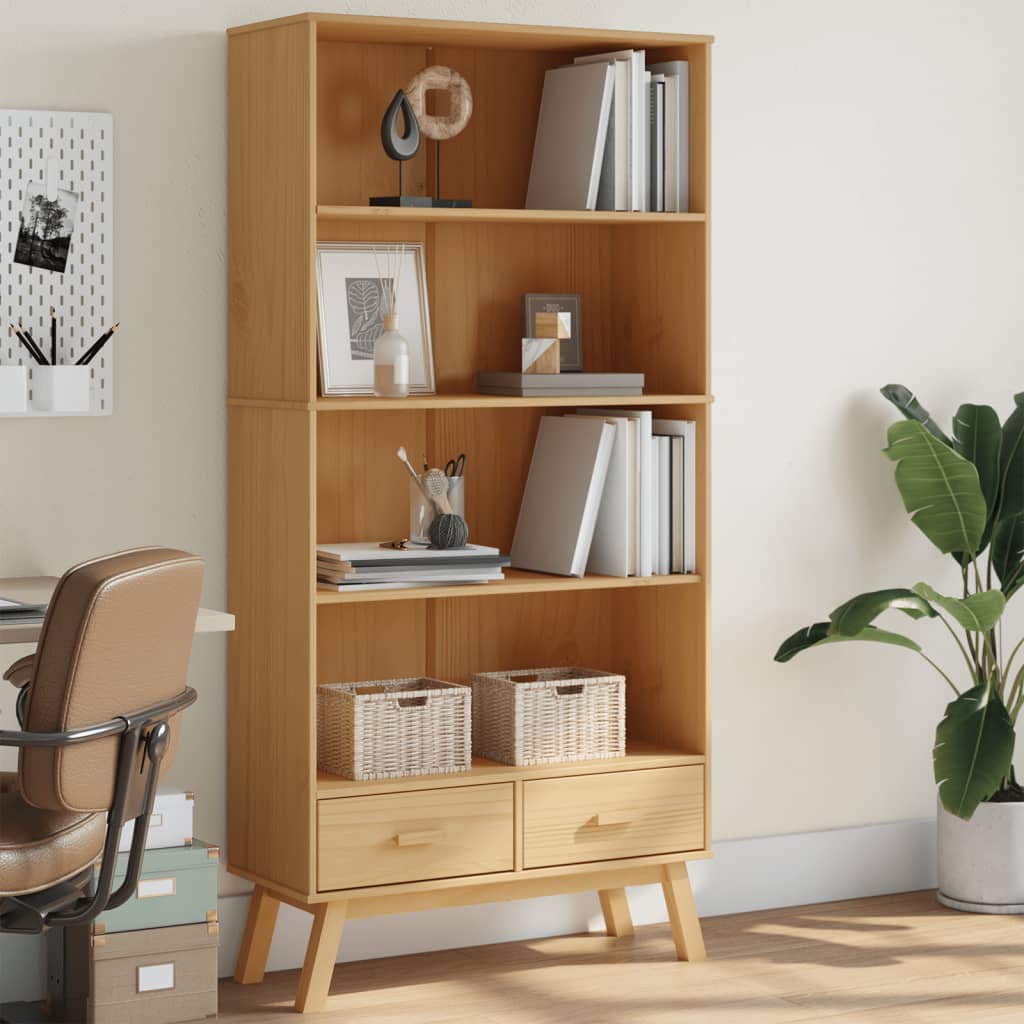 Bibliothèque À 4 Niveaux Olden Gris Marron Bois De Pin Massif