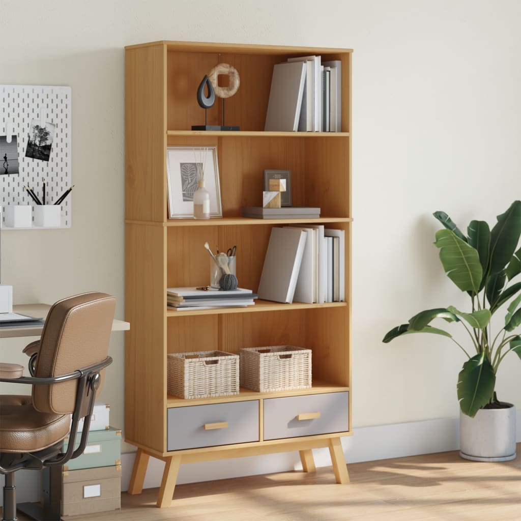 Bibliothèque À 4 Niveaux Olden Gris Marron Bois De Pin Massif