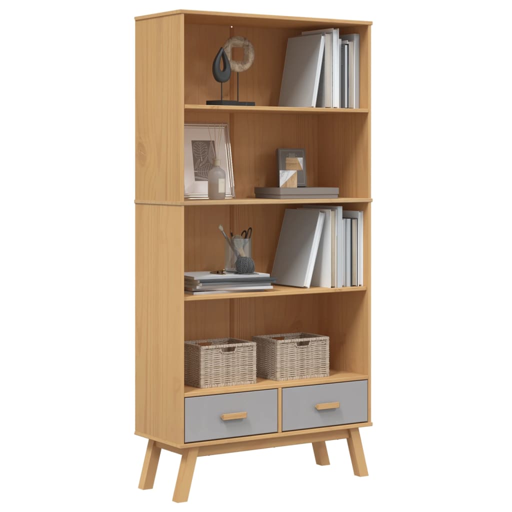 Bibliothèque À 4 Niveaux Olden Gris Marron Bois De Pin Massif