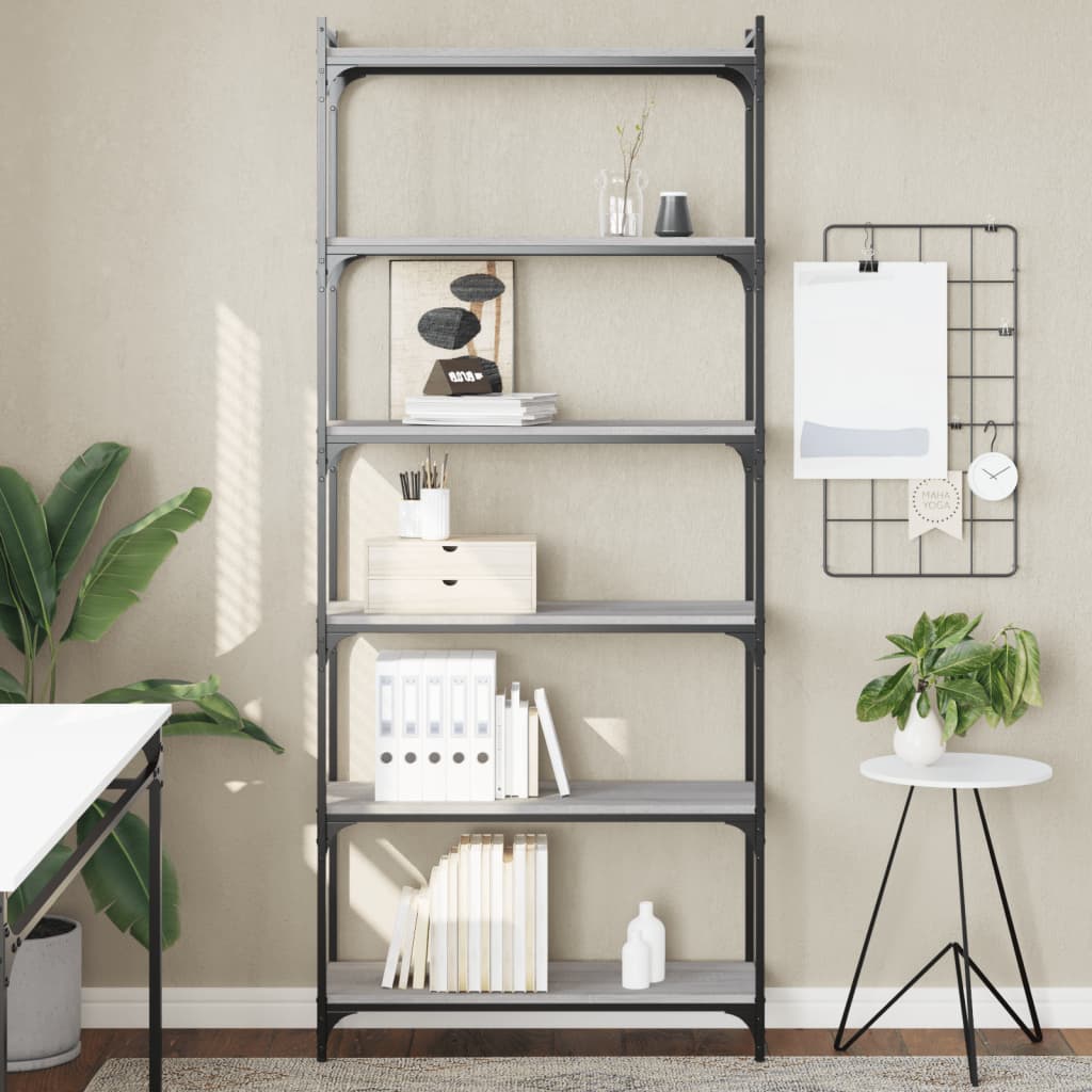 Bibliothèque 6Niveaux 80X30X188Cm Bois D'ingénierie Sonoma Gris