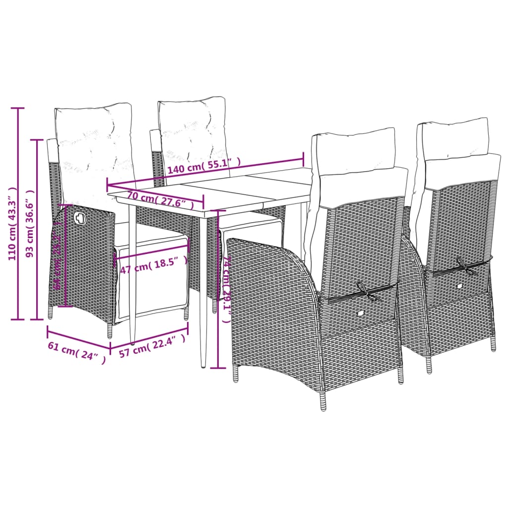 Ensemble À Manger De Jardin 5 Pcs Et Coussins Marron Poly Rotin