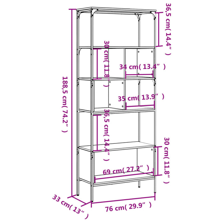 Bibliothèque 5 Niveaux 76X33X188,5 Cm Bois D'ingénierie