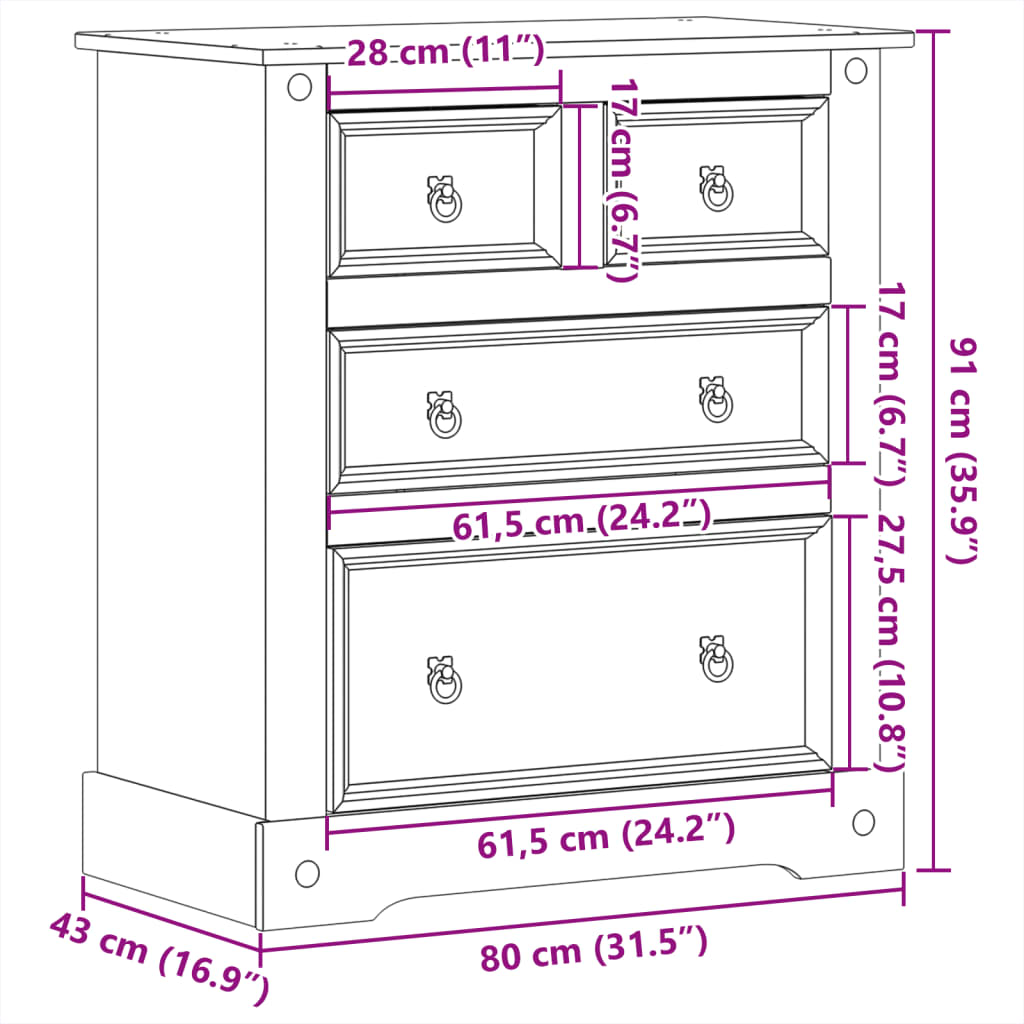 Commode Corona 80X43X91 Cm Bois Massif De Pin Marron