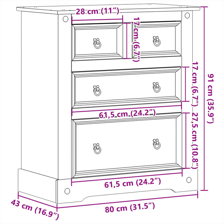 Commode Corona 80X43X91 Cm Bois Massif De Pin Marron