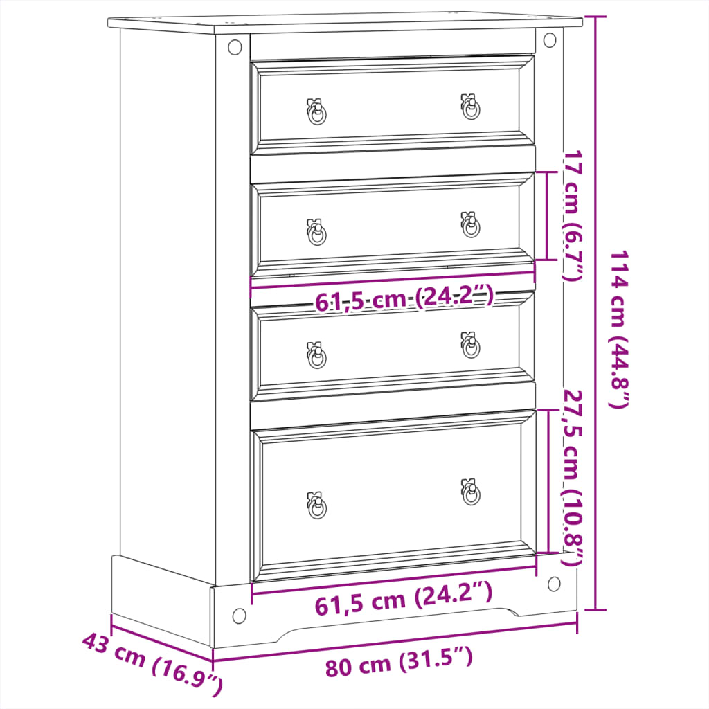 Commode Corona 80X43X114 Cm Bois Massif De Pin Marron