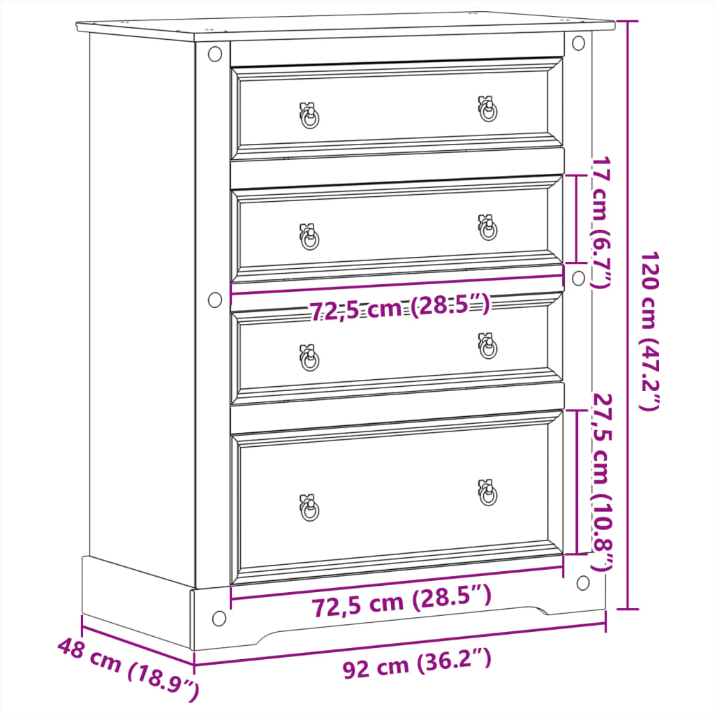 Commode Corona 92X48X120 Cm Bois Massif De Pin