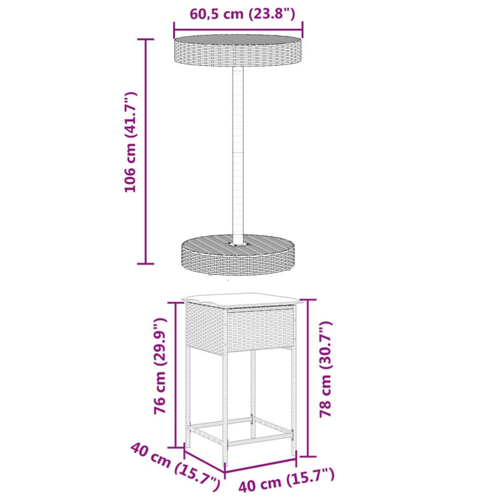 Ensemble De Bar De Jardin 3 Pcs Avec Coussins Poly Rotin