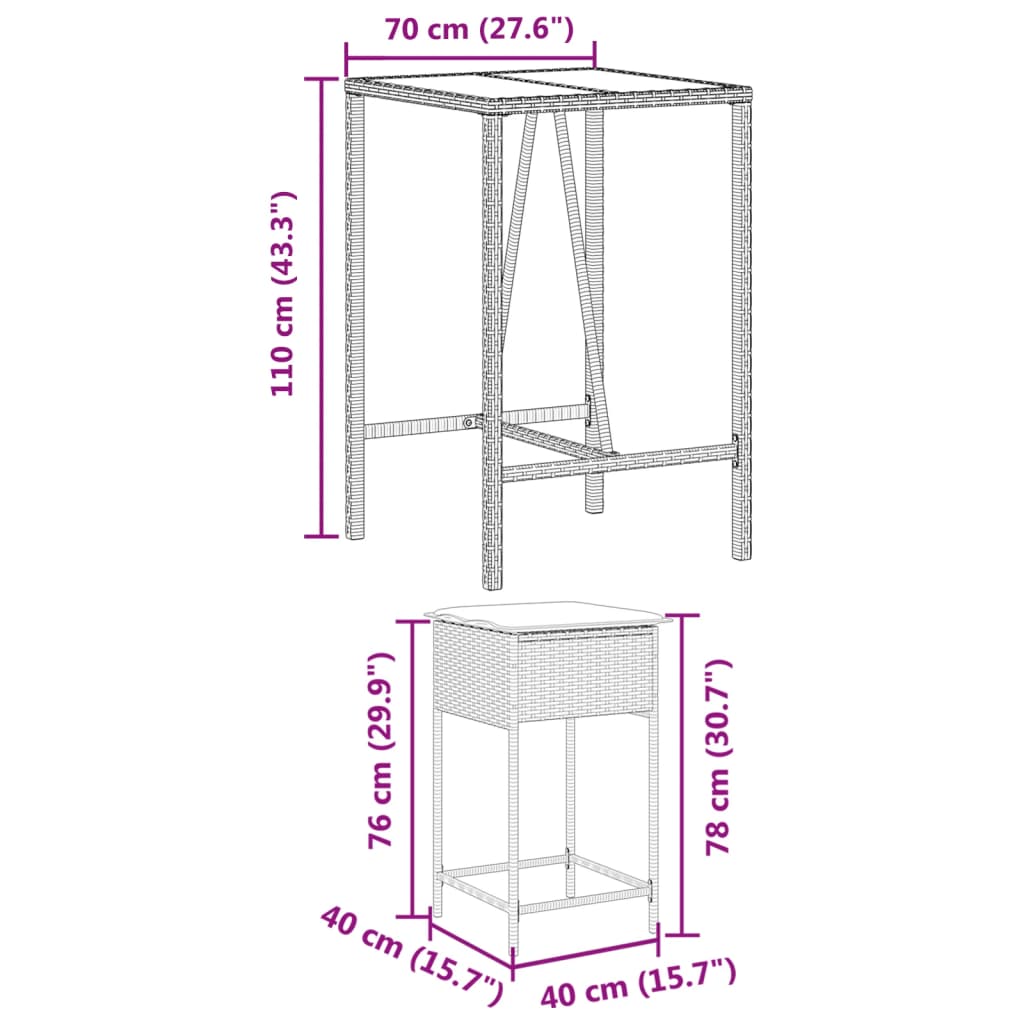 Ensemble De Bar De Jardin 3 Pcs Et Coussins Résine Tressée