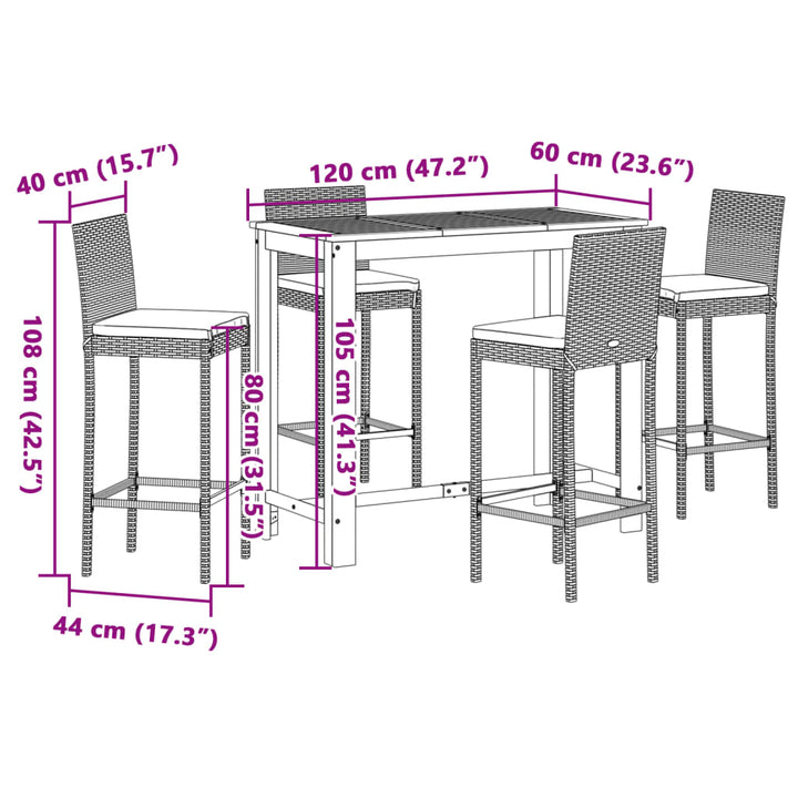 Ensemble De Bar De Jardin 5 Pcs Bois Massif Acacia Rotin