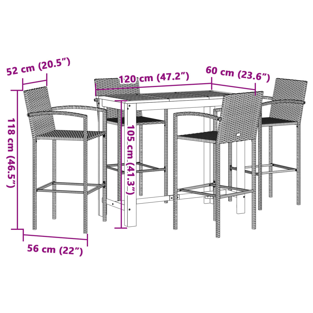 Ensemble De Bar De Jardin 5 Pcs Bois Massif Acacia Rotin